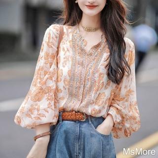 【MsMore】愛樂之城時尚絲質長袖襯襯衫顯瘦碎花寬鬆短版上衣#118967(橘)