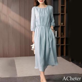 【ACheter】棉麻連身裙修身七分袖收腰顯瘦復古文藝長版洋裝#119015(水藍)