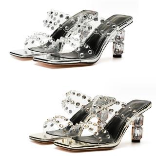【JP Queen New York】透明鉚釘方頭水晶中跟拖鞋(2色可選)