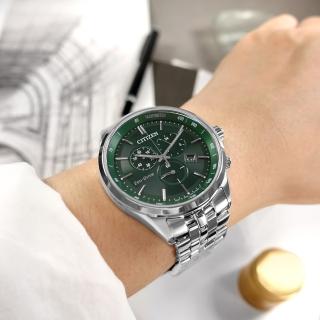 【CITIZEN 星辰】光動能 三眼計時 日期 藍寶石水晶玻璃 防水100米 不鏽鋼手錶 綠色 42mm(AT2149-85X)