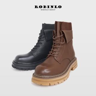 【Robinlo】英倫好感針織拼接綁帶厚底中筒靴短靴機車靴DARRIN(英倫黑/摩卡棕)