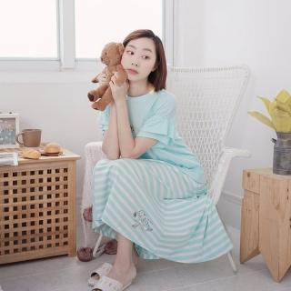 【Fantino 凡第諾】MIT有機棉蛋糕袖長裙睡衣套裝-水藍(家居服/睡衣/居家服)