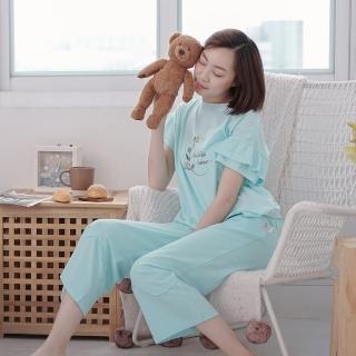 【Fantino 凡第諾】MIT有機棉蛋糕袖九分褲睡衣套裝-水藍(家居服/睡衣/居家服)