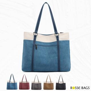 【Rosse Bags】日韓版休閒拼色帆布托特包(現+預 黑 / 藍 / 棕 / 灰 / 紫咖)