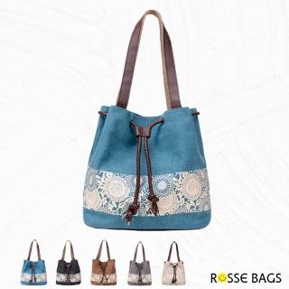 【Rosse Bags】時尚復古印花收口兩用手提帆布包(現+預 黑 / 藍 / 棕 / 灰 / 米白)