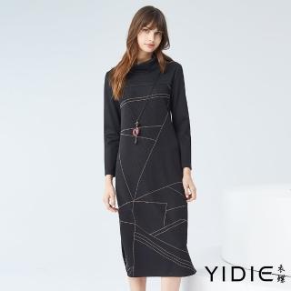 【YIDIE 衣蝶】金蔥線條彈性高領長洋裝-黑