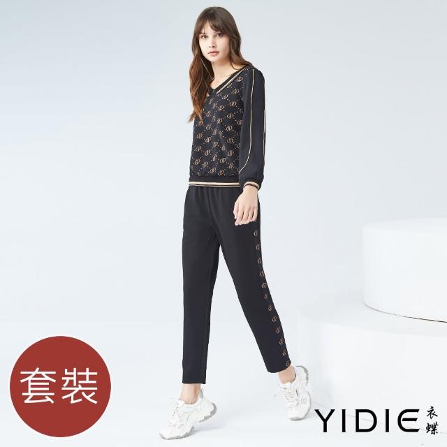 【YIDIE 衣蝶】V領拼接異材質印花休閒套裝-黑(上下身分開販售)