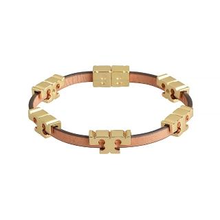 【TORY BURCH】TORY BURCH SERIF-T立體LOGO T字設計小羊皮釦式手鍊(棕x金)