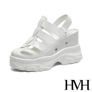 【HMH】時尚復古縷空線條包頭個性厚底內增高羅馬涼鞋(白)