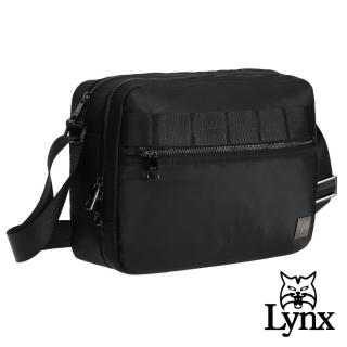 【Lynx】美國山貓輕量防潑水斜紋尼龍布包 多隔層機能 橫式側背包(黑色)