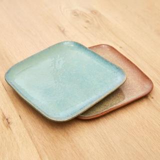 【YU Living 信歐傢居】歐式陶瓷特殊釉方形大餐盤二件組(二件一組/2色/棕色.綠色)