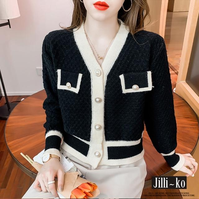 【JILLI-KO】韓版小香風拚色金釦短款針織衫-F(白/黑)