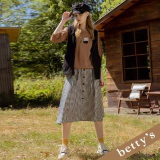 【betty’s 貝蒂思】腰鬆緊格子壓褶排釦長裙(黑色)
