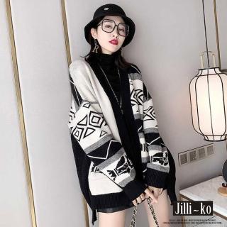 【JILLI-KO】設計感時尚幾何緹花針織開衫披肩外套-F(黑)