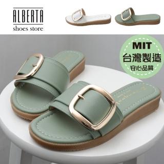 【Alberta】MIT台灣製 3cm拖鞋 優雅氣質金屬飾釦 皮革厚底圓頭涼拖鞋