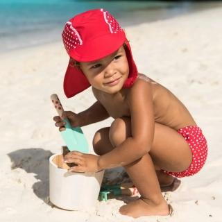 【Playshoes】嬰兒童抗UV防曬水陸兩用遮頸帽-復古波點(護頸遮脖遮陽帽泳帽)