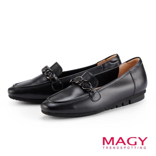 【MAGY】金屬鍊條真皮平底樂福鞋(黑色)
