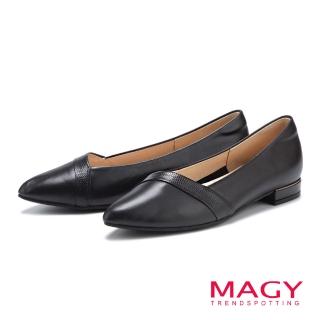 【MAGY】牛皮親膚舒適尖頭低跟鞋(黑色)