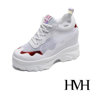 【HMH】時尚波浪造型透氣網布拼接厚底內增高休閒鞋(白紅)