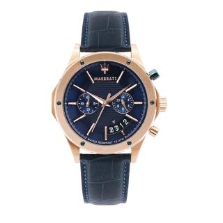 【MASERATI 瑪莎拉蒂】CIRCUITO系列 玫瑰金框 藍面 藍色皮革錶帶 兩眼計時手錶 男錶 母親節(R8871627002)