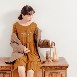【OB 嚴選】KITTY拿鐵咖啡系列浪漫仿麂皮荷葉縮口袖印花洋裝 《KB1407》
