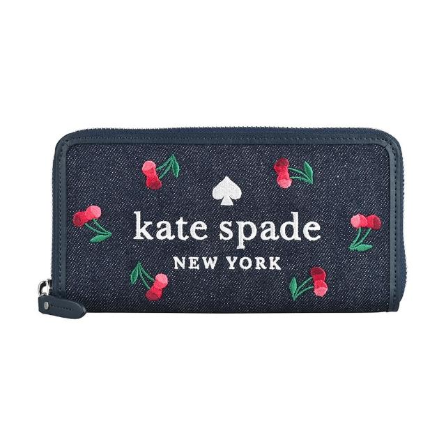 【KATE SPADE】Kate Spade刺繡白字LOGO丹寧布櫻桃圖案12卡拉鍊長夾(丹寧藍x多色)