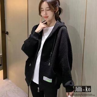 【JILLI-KO】華夫格韓版休閒寬鬆拉鏈衛衣外套-F(黑/淺灰)