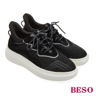 【A.S.O 阿瘦集團】BESO 真皮拼接飛織布燙鑽塑管直套休閒鞋(黑)
