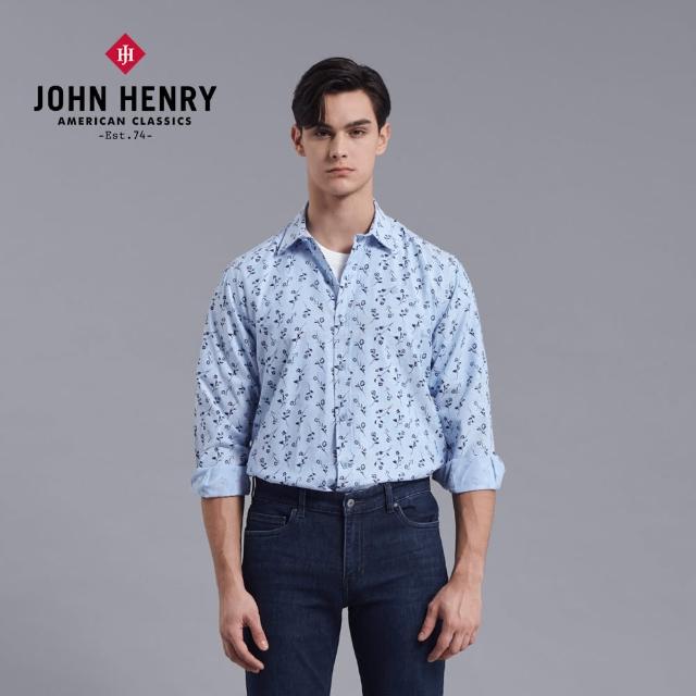 【JOHN HENRY】花朵滿版印花長袖襯衫-藍色
