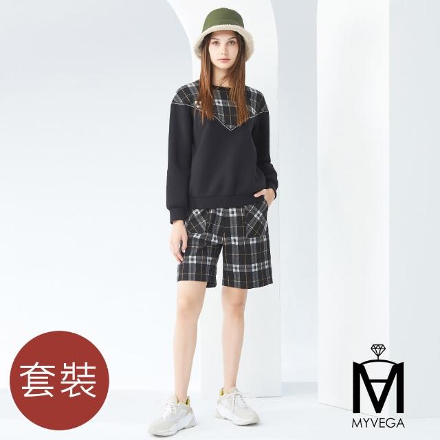 【MYVEGA 麥雪爾】MA格紋拼接異材質五分褲套裝-黑(上下身分開販售)