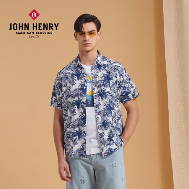 【JOHN HENRY】棕櫚葉印花短袖襯衫-藍色