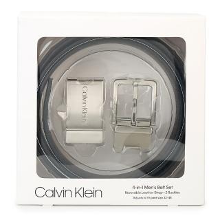 【Calvin Klein 凱文克萊】質感金屬圓角雙釦滿版LOGO壓紋皮帶禮盒(黑/深咖)
