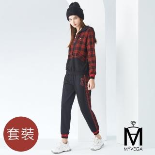 【MYVEGA 麥雪爾】MA黑紅格紋連帽抽繩九分褲套裝-黑(上下身分開販售)