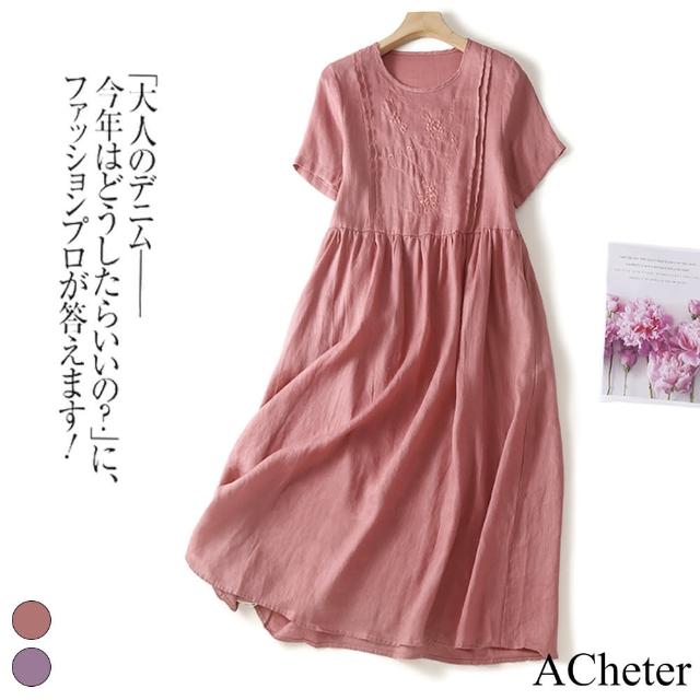 【ACheter】復古刺繡棉麻短袖寬鬆顯瘦長版洋裝#113632現貨+預購(2色)