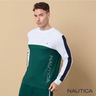 【NAUTICA】男裝 品牌文字LOGO跳色拼接長袖T恤(綠)