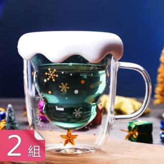 【Dagebeno荷生活】加厚版韓式雙層玻璃聖誕星情杯送雪景矽膠杯蓋(2入)