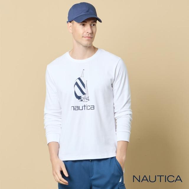 【NAUTICA】男裝 經典帆船LOGO印花長袖T恤(白)