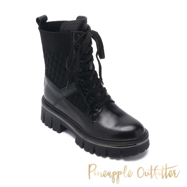 【Pineapple Outfitter】BECALEL 拼接綁帶厚底中筒靴(黑色)