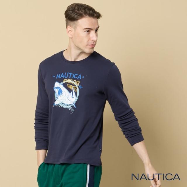 【NAUTICA】男裝 鯊魚圖騰印花長袖T恤(深藍)
