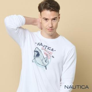 【NAUTICA】男裝 鯊魚圖騰印花長袖T恤(白)