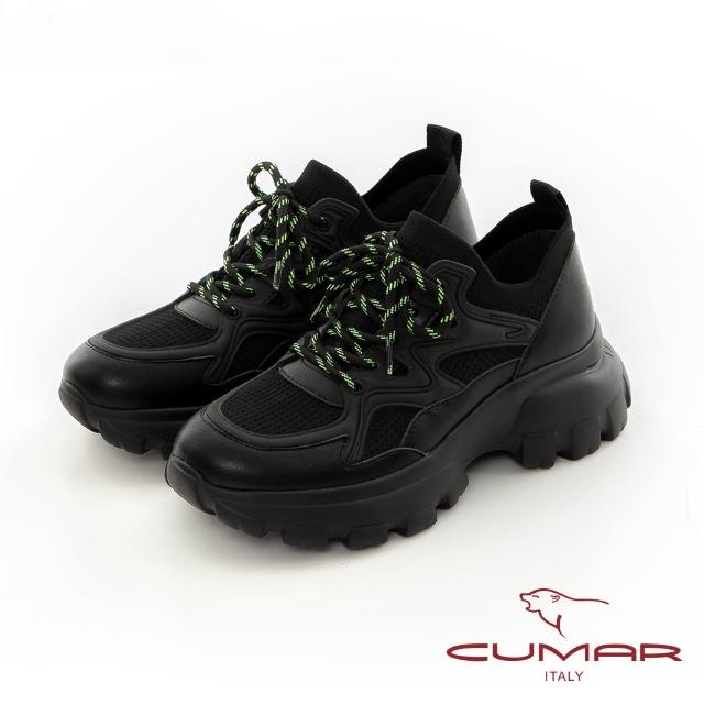 【CUMAR】異材質拼接綁帶老爹厚底休閒鞋(黑色)