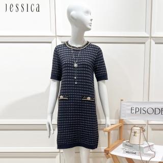 【JESSICA】優雅寬鬆金蔥立體編織短袖針織洋裝22417F（深藍）