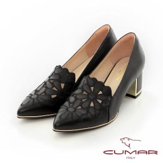 【CUMAR】鏤空花朵金屬跟粗跟鞋(黑色)