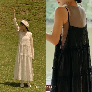 【Queenshop】女裝 日系 長洋裝 立體繡花側綁帶細肩外罩 兩色售 現+預 01097371