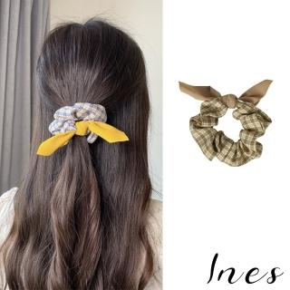 【INES】格子髮圈 蝴蝶結髮圈/法式復古學院風格子蝴蝶結造型大腸圈 髮圈 髮繩(6色任選)