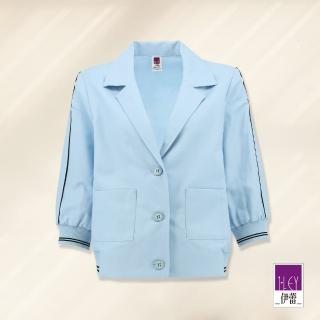 【ILEY 伊蕾】俐落休閒感西裝領棉麻七分袖外套(淺藍色；M-XL；1221014729)