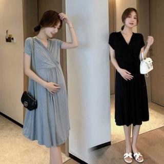 【漂亮小媽咪】夏日 韓式 法式 優雅 V領 洋裝 純色 莫代爾 親膚 短袖 小洋