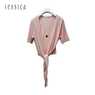 【JESSICA】百搭柔軟透氣綁帶短袖針織開衫223441（粉）