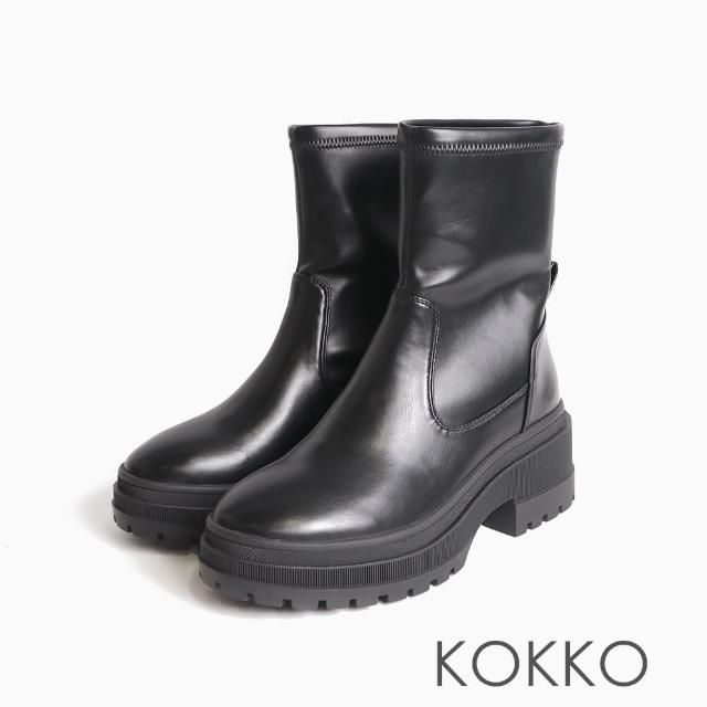 【KOKKO 集團】穿了就走圓頭溝紋厚底中筒靴(黑)
