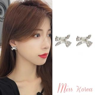 【MISS KOREA】韓國設計s925銀針閃耀方晶金屬蝴蝶結造型耳環(S925銀針耳環 方晶耳環 蝴蝶結耳環)